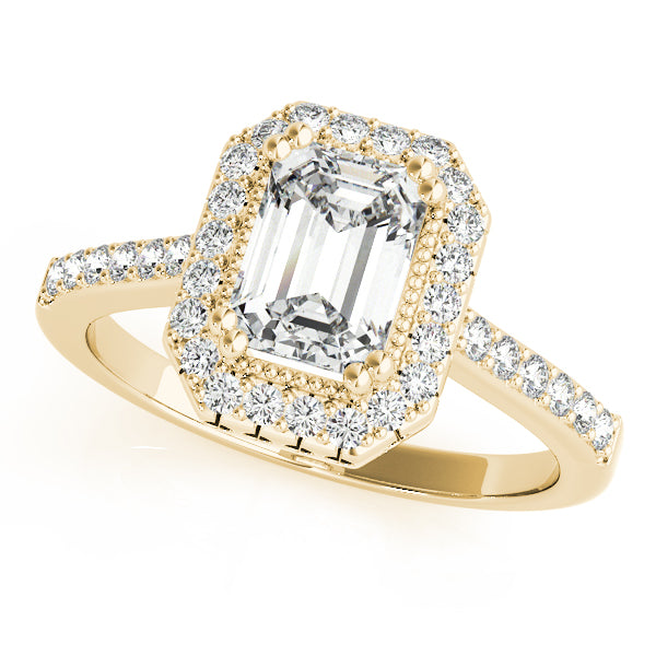Single Row Prong Halo Emerald-Cut Engagement Ring