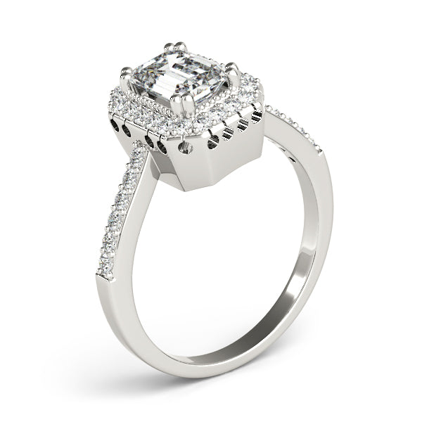 Single Row Prong Halo Emerald-Cut Engagement Ring