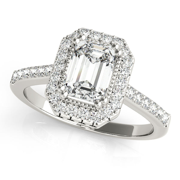 Single Row Prong Halo Emerald-Cut Engagement Ring
