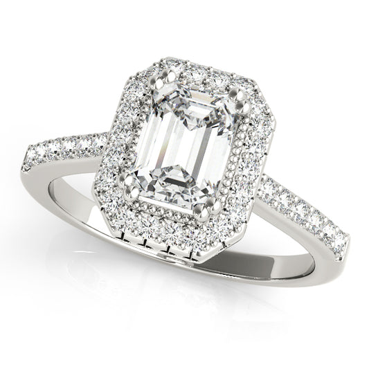Single Row Prong Halo Emerald-Cut Engagement Ring
