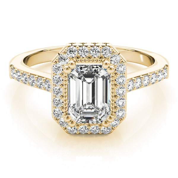 Single Row Prong Halo Emerald-Cut Engagement Ring