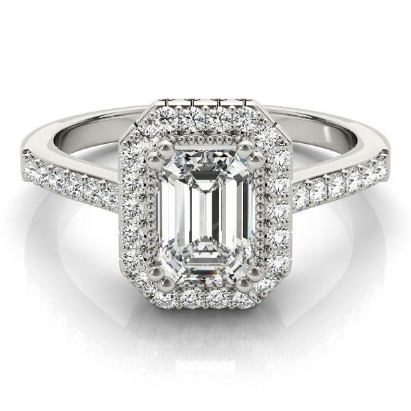 Single Row Prong Halo Emerald-Cut Engagement Ring
