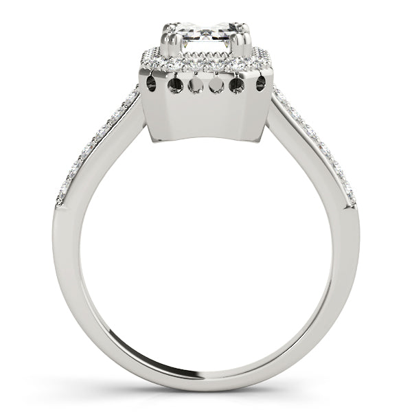 Single Row Prong Halo Emerald-Cut Engagement Ring