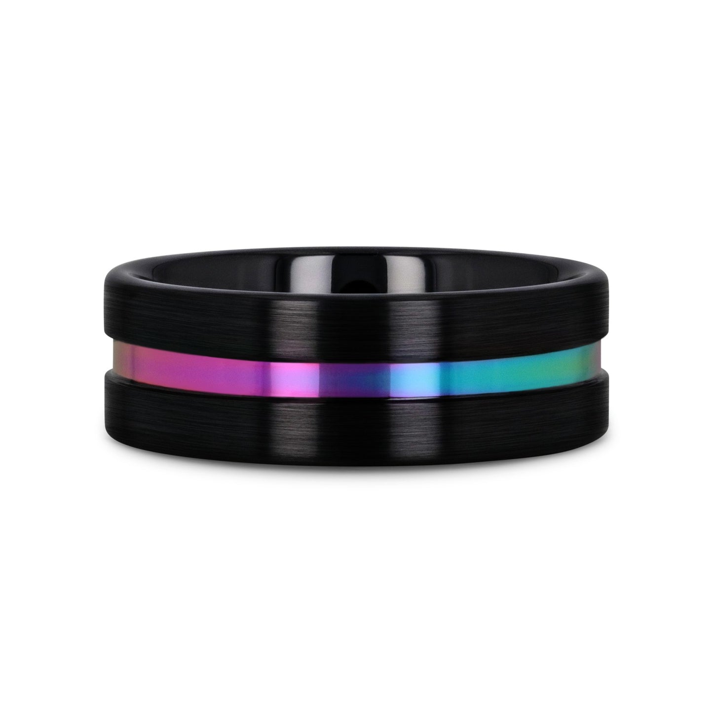 AZURE Flat Black Ceramic Ring Brushed with Rainbow Groove - 4mm - 8mm