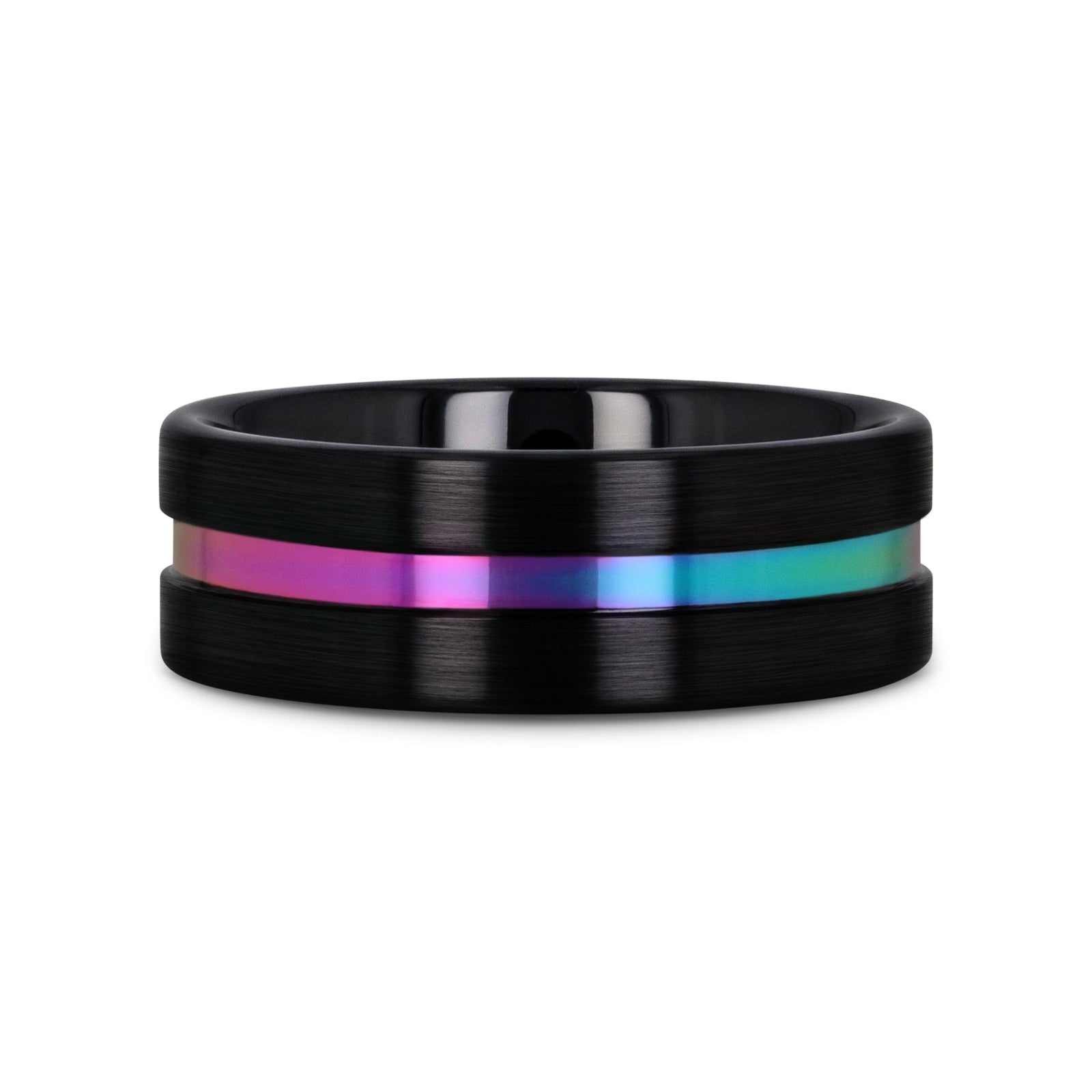 AZURE Flat Black Ceramic Ring Brushed with Rainbow Groove - 4mm - 8mm