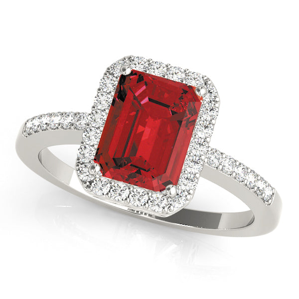 Single Row Emerald Cut Halo Engagement Ring