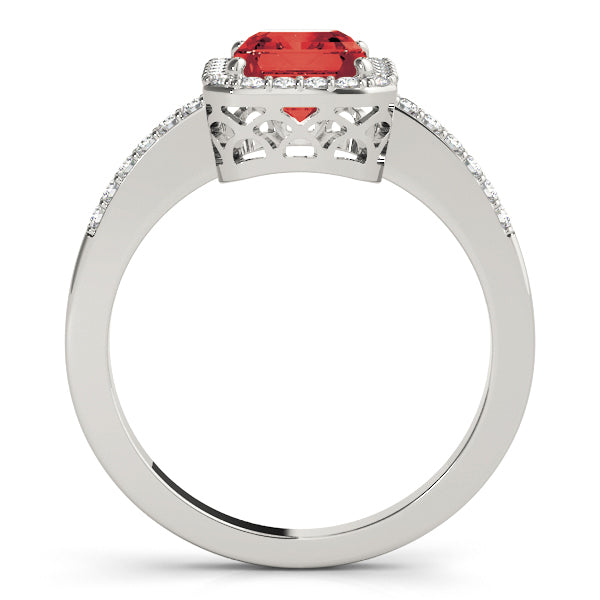 Single Row Emerald Cut Halo Engagement Ring