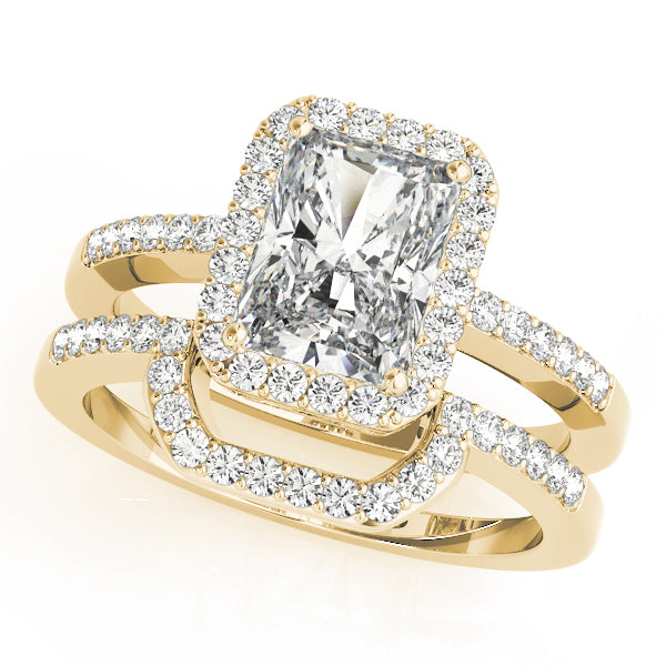 Single Row Emerald Cut Halo Engagement Ring