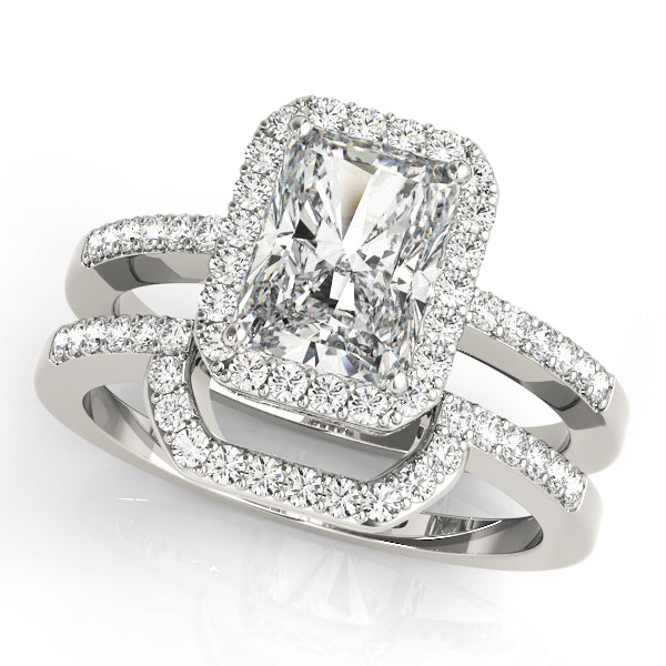 Single Row Emerald Cut Halo Engagement Ring