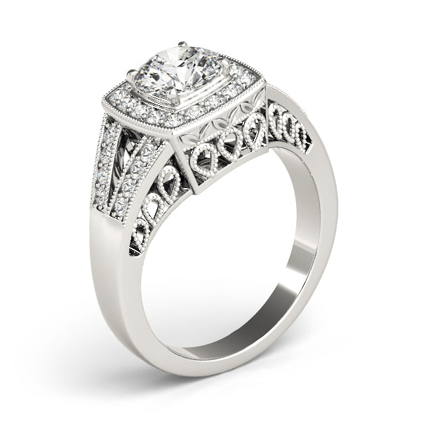 Antique Style Halo Milgrain Split Shank Engagement Ring