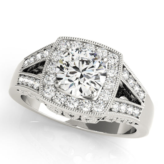 Antique Style Halo Milgrain Split Shank Engagement Ring
