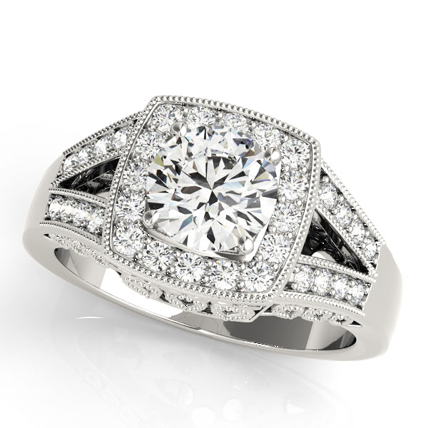 Antique Style Halo Milgrain Split Shank Engagement Ring