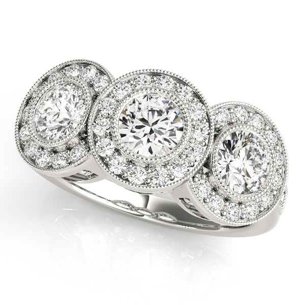 3-Stone Bezel Set Milgrain Halo Engagement Ring