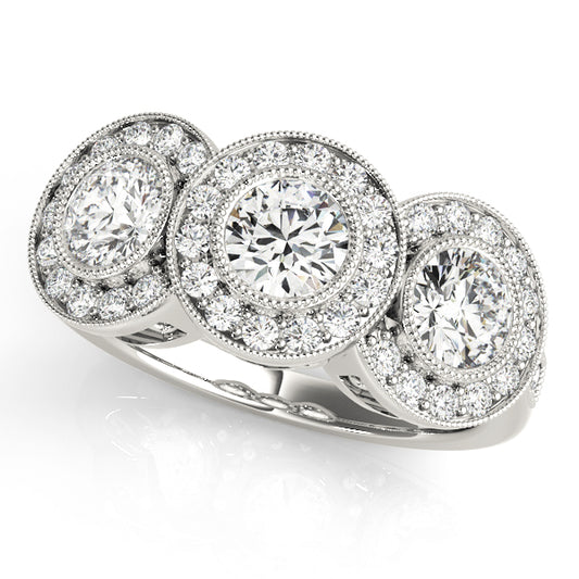 3-Stone Bezel Set Milgrain Halo Engagement Ring