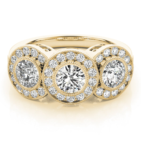 3-Stone Bezel Set Milgrain Halo Engagement Ring