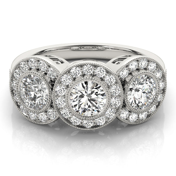 3-Stone Bezel Set Milgrain Halo Engagement Ring