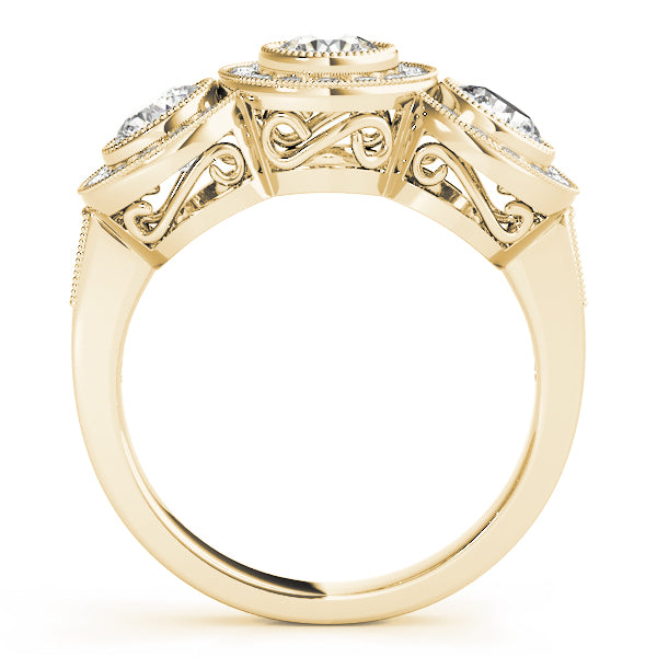 3-Stone Bezel Set Milgrain Halo Engagement Ring