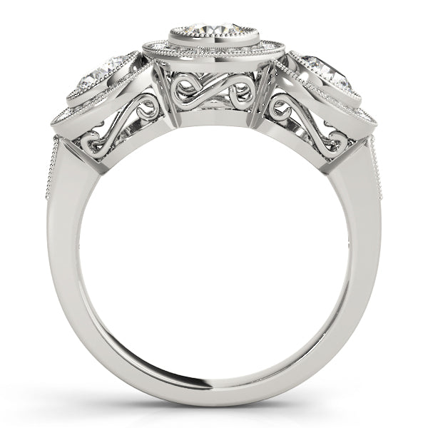 3-Stone Bezel Set Milgrain Halo Engagement Ring