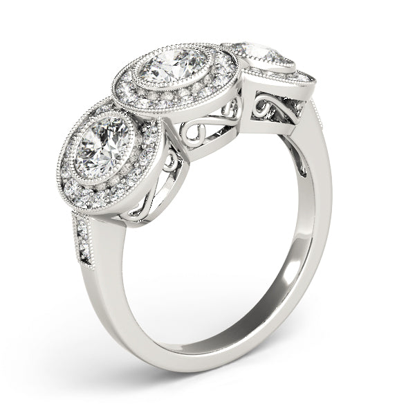 3-Stone Bezel Set Milgrain Halo Engagement Ring