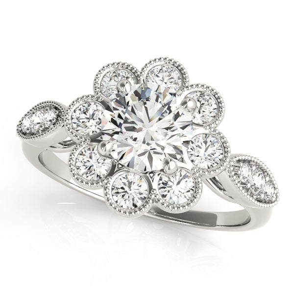 Bezel Set Round Halo Milgrain Engagement Ring