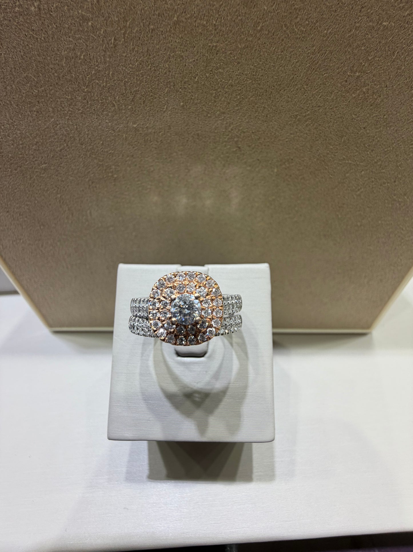14K Two-Tone Double Halo Diamond Wedding Set | Rose & White Gold .96ctw .25ctr
