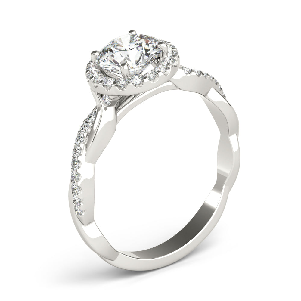 Single Row Twisted Shank Round Halo Engagement Ring