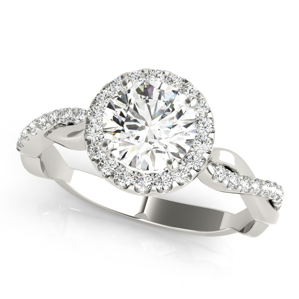 Single Row Twisted Shank Round Halo Engagement Ring