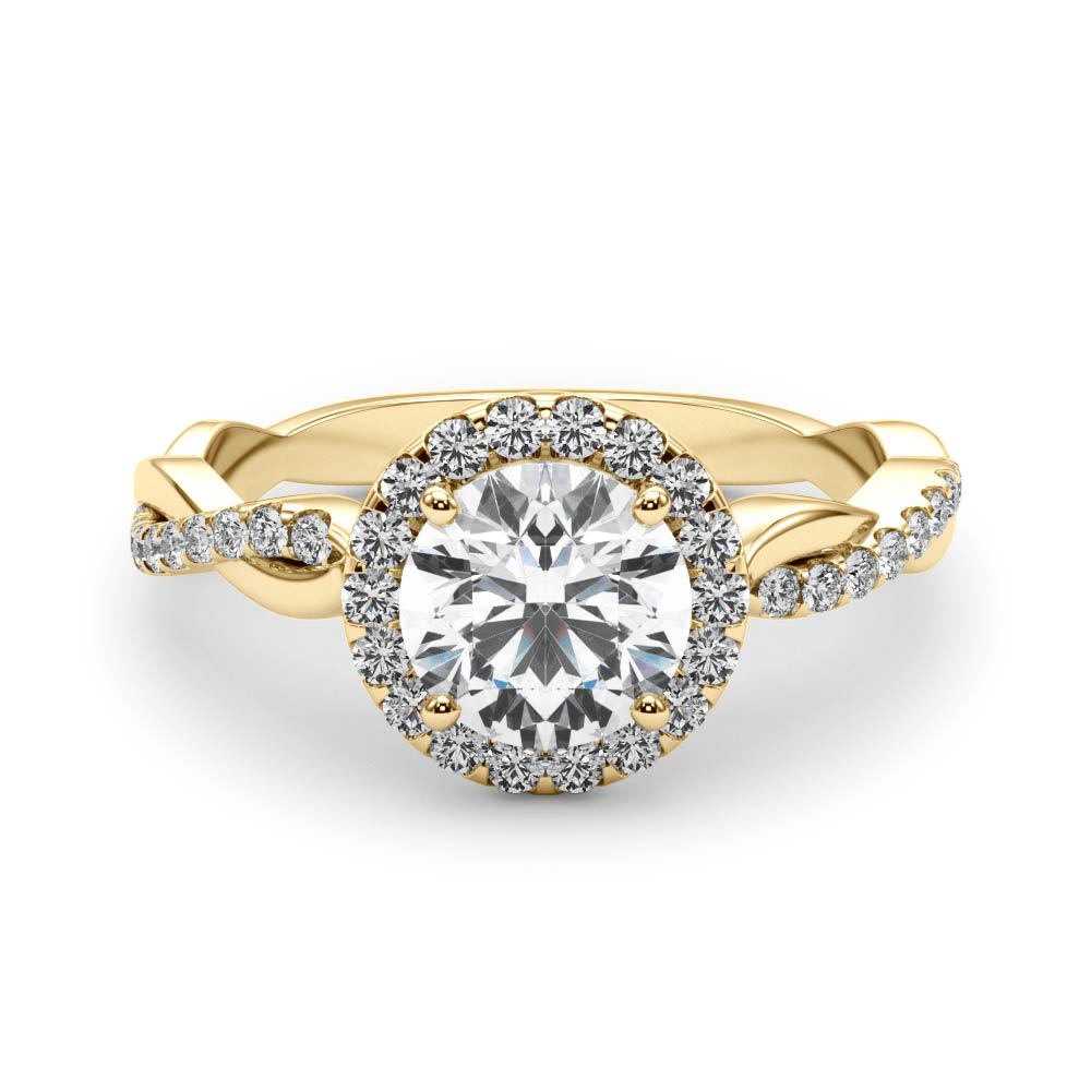 Single Row Twisted Shank Round Halo Engagement Ring