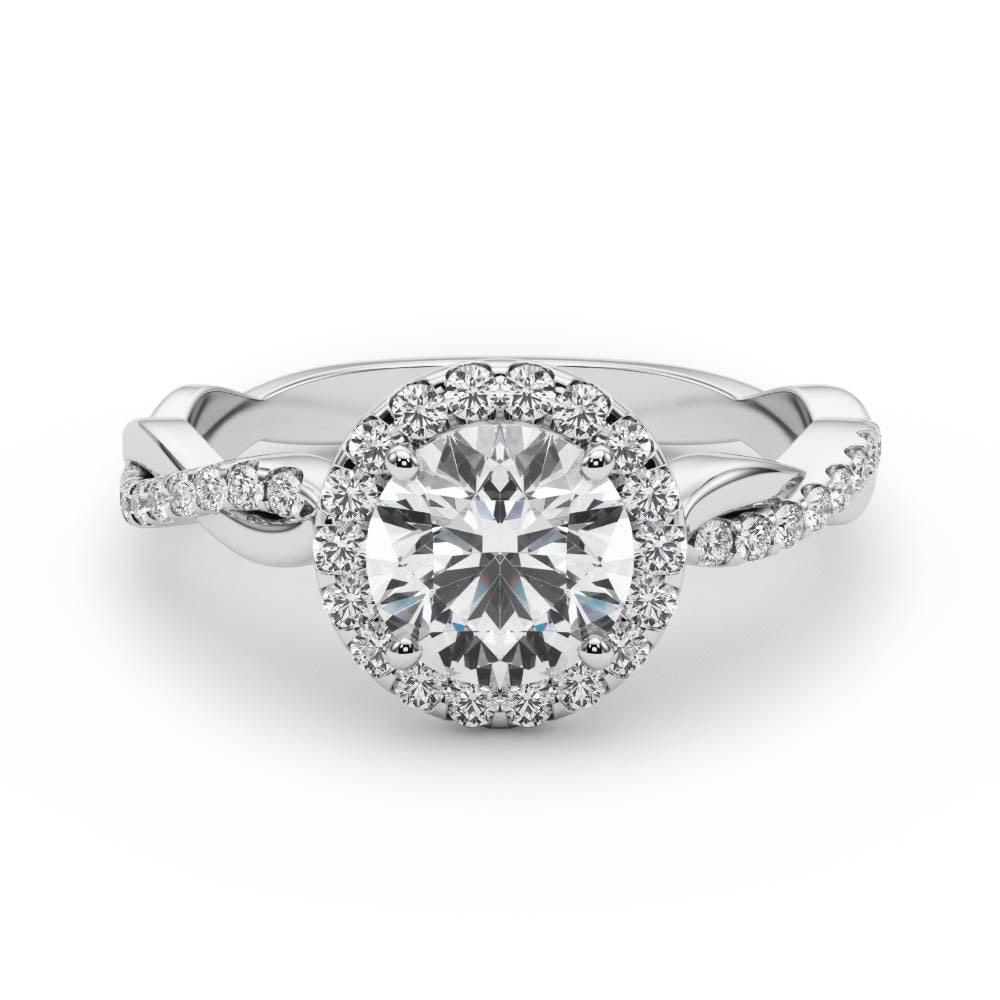 Single Row Twisted Shank Round Halo Engagement Ring