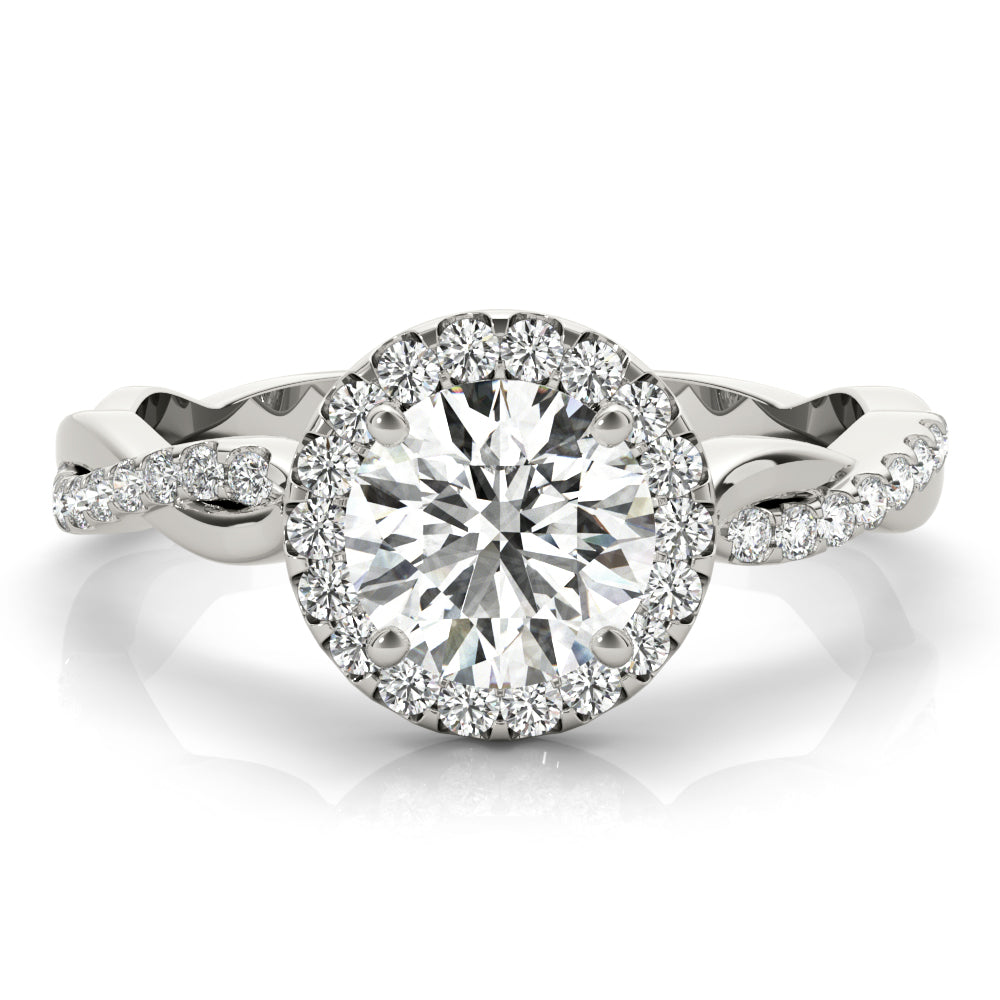 Single Row Twisted Shank Round Halo Engagement Ring