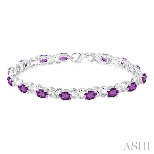 7X5 MM Oval Cut Amethyst and 1/20 Ctw Round Cut Diamond Fashion Bracelet in Sterling Silver