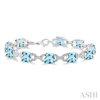 7X7 MM Cushion Shape Blue Topaz and 1/20 Ctw Round Cut Diamond Fashion Bracelet in Sterling Silver