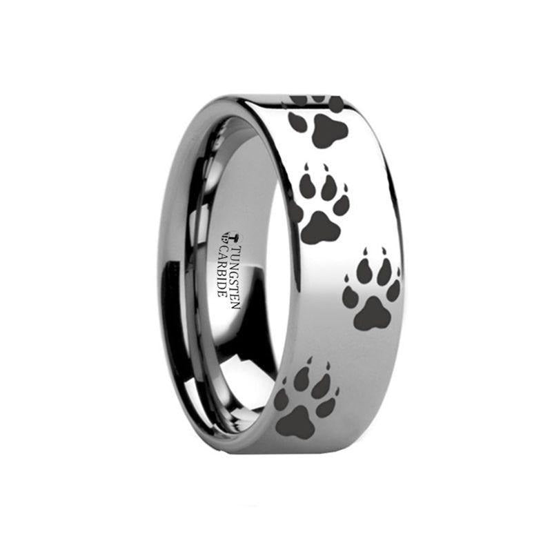 Animal Track Wolf Print Ring Engraved Flat Tungsten Polished- 4mm - 12mm - 8mm