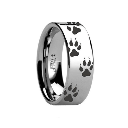 Animal Track Wolf Print Ring Engraved Flat Tungsten Polished- 4mm - 12mm - 8mm