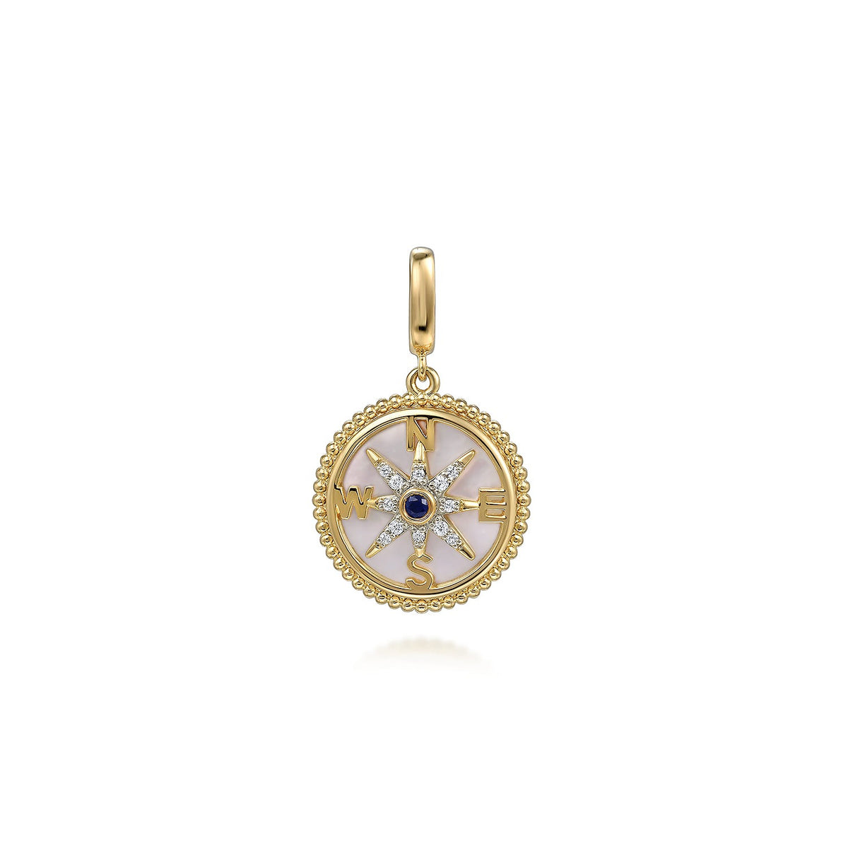 Gabriel & Co. 14K Yellow Gold 18mm Bujukan Diamond Compass Mother of Pearl Medallion Pendant