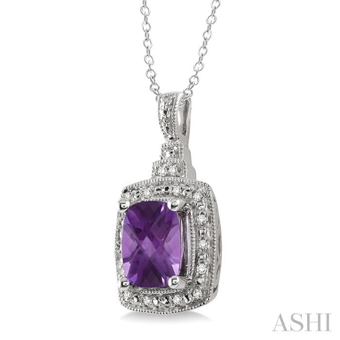 9X7 MM Cushion Shape Amethyst and 1/10 Ctw Round Cut Diamond Pendant in Sterling Silver with Chain