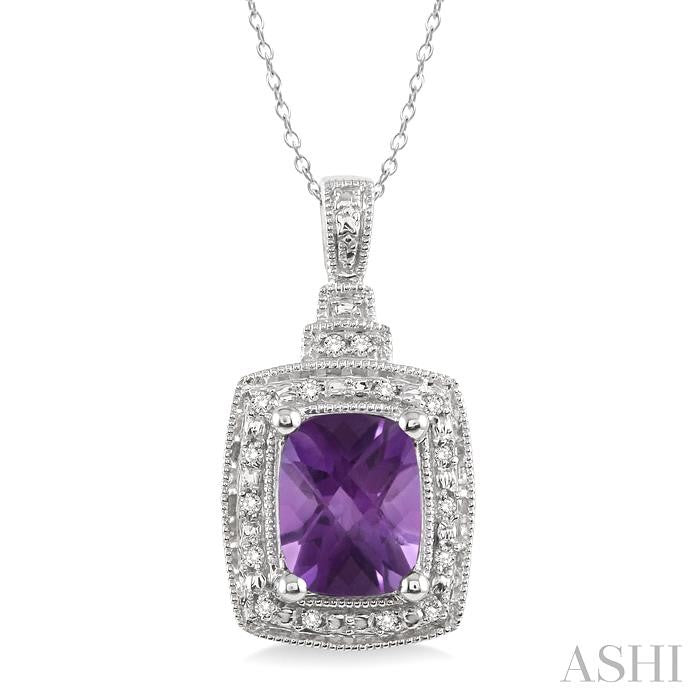 9X7 MM Cushion Shape Amethyst and 1/10 Ctw Round Cut Diamond Pendant in Sterling Silver with Chain