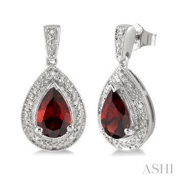 9X6 MM Pear Shape Garnet and 1/20 Ctw Round Cut Diamond Earrings in Sterling Silver