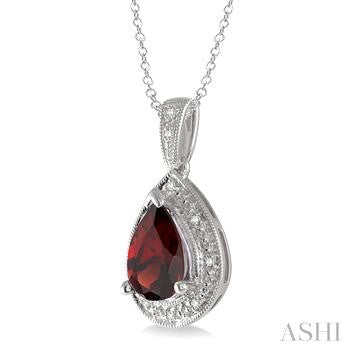 10X7 MM Pear Shape Garnet and 1/20 Ctw Round Cut Diamond Pendant in Sterling Silver with chain