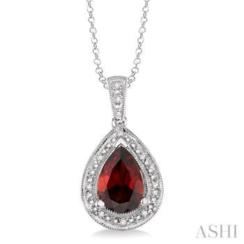 10X7 MM Pear Shape Garnet and 1/20 Ctw Round Cut Diamond Pendant in Sterling Silver with chain