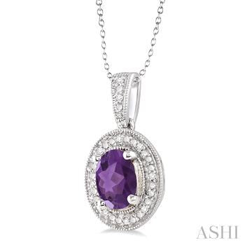 8X6 MM Oval Cut Amethyst and 1/20 Ctw Round Cut Diamond Pendant in Sterling Silver with Chain