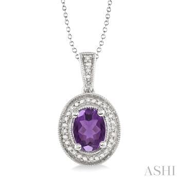8X6 MM Oval Cut Amethyst and 1/20 Ctw Round Cut Diamond Pendant in Sterling Silver with Chain