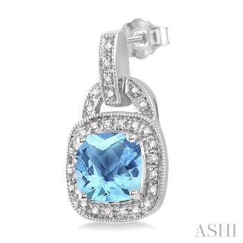8X8 MM Cushion Shape Blue Topaz and 1/10 Ctw Round Cut Diamond Earrings in Sterling Silver