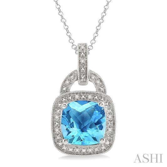 10X10 MM Cushion Shape Blue Topaz and 1/20 Ctw Round Cut Diamond Pendant in Sterling Silver with Chain