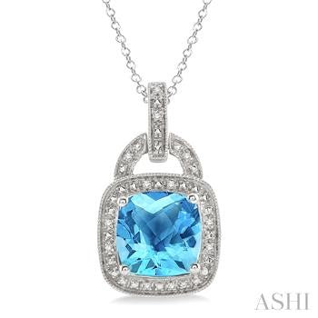 10X10 MM Cushion Shape Blue Topaz and 1/20 Ctw Round Cut Diamond Pendant in Sterling Silver with Chain