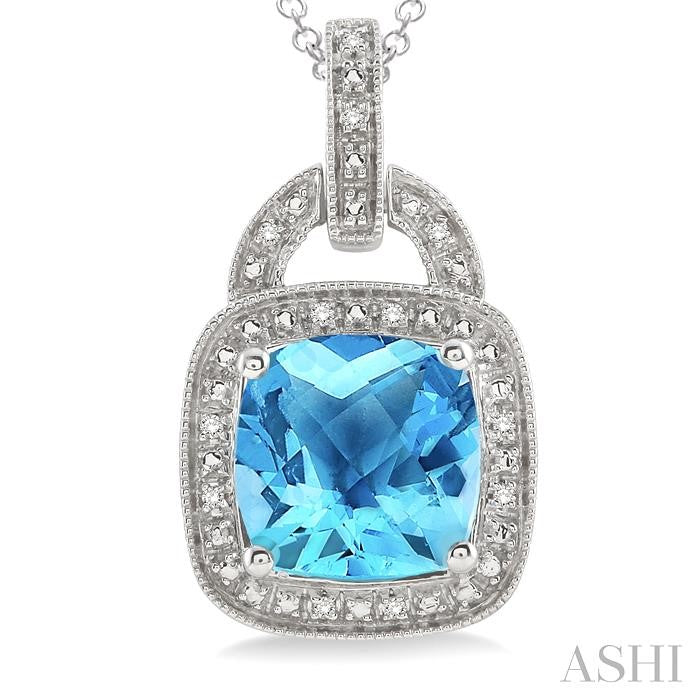 10X10 MM Cushion Shape Blue Topaz and 1/20 Ctw Round Cut Diamond Pendant in Sterling Silver with Chain
