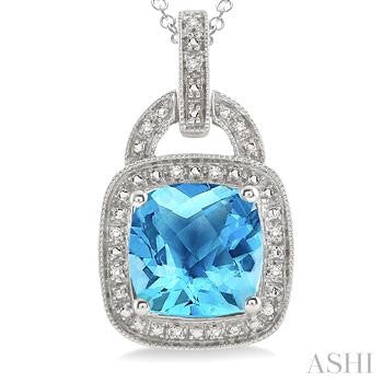 10X10 MM Cushion Shape Blue Topaz and 1/20 Ctw Round Cut Diamond Pendant in Sterling Silver with Chain
