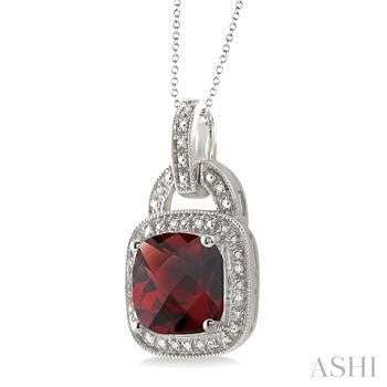 10X10 MM Cushion Shape Garnet and 1/20 Ctw Round Cut Diamond Pendant in Sterling Silver with Chain
