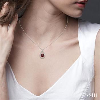 10X10 MM Cushion Shape Garnet and 1/20 Ctw Round Cut Diamond Pendant in Sterling Silver with Chain