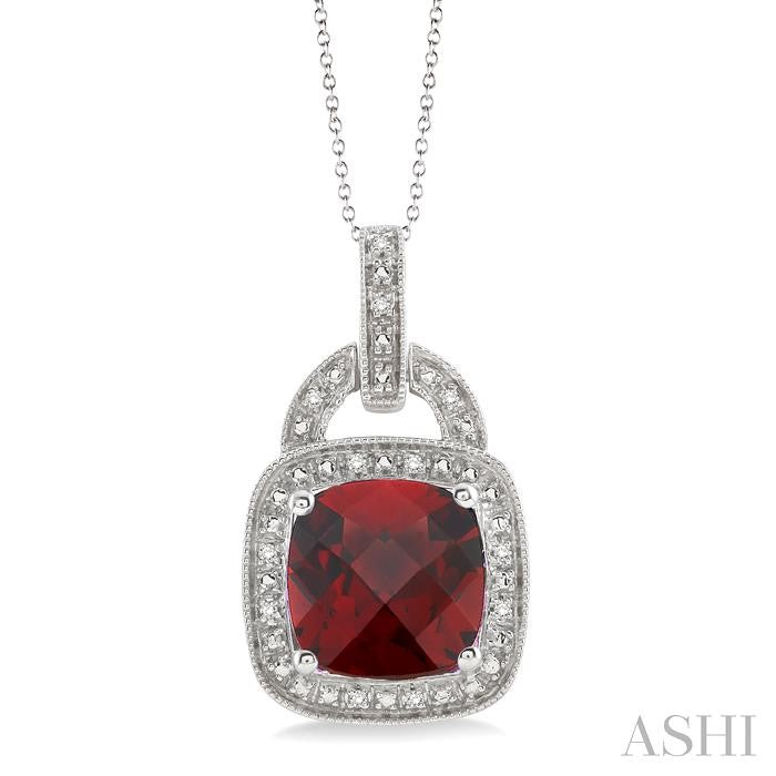 10X10 MM Cushion Shape Garnet and 1/20 Ctw Round Cut Diamond Pendant in Sterling Silver with Chain